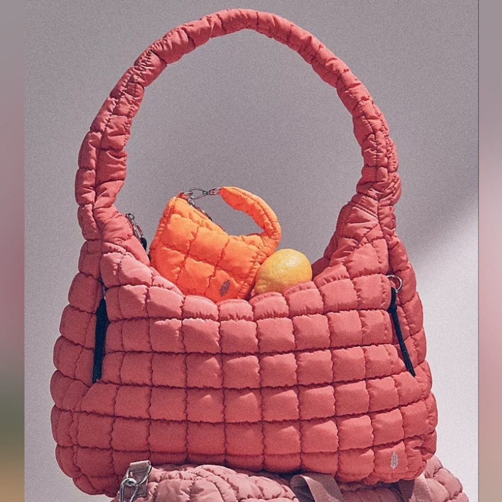 NWT Free People FP Movement Quilted Carryall Tote Bag Hot Coral Pink Orange Hobo